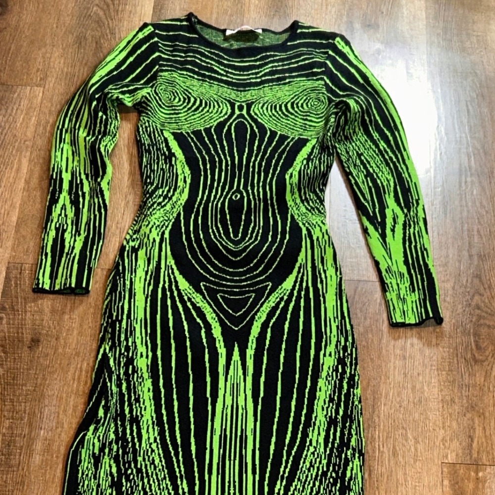Fashion House Neon Green Black Avant-Garde Corpo Trompe L'oeil Maxi Dress